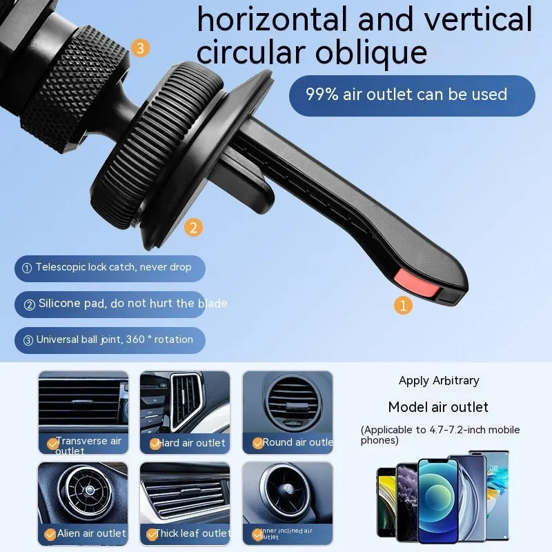 Silver invisible alloy car phone holder mounted on vehicle air outlet with mobile phone in position