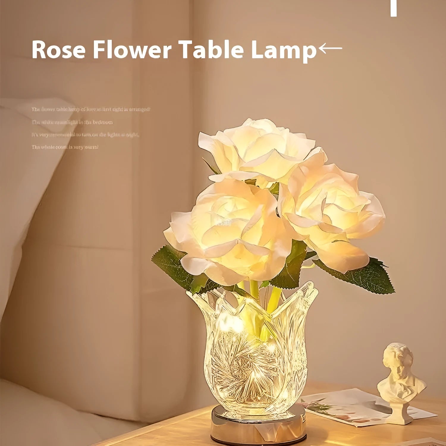 Modern Crystal Flowers rechargeable touch-control dimmable bedside table lamp with USB cable.