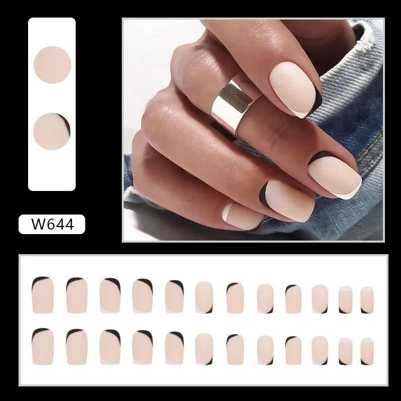 Set of black and white frosted matte press-on nails in W644 colour code for ladies fashion manicure