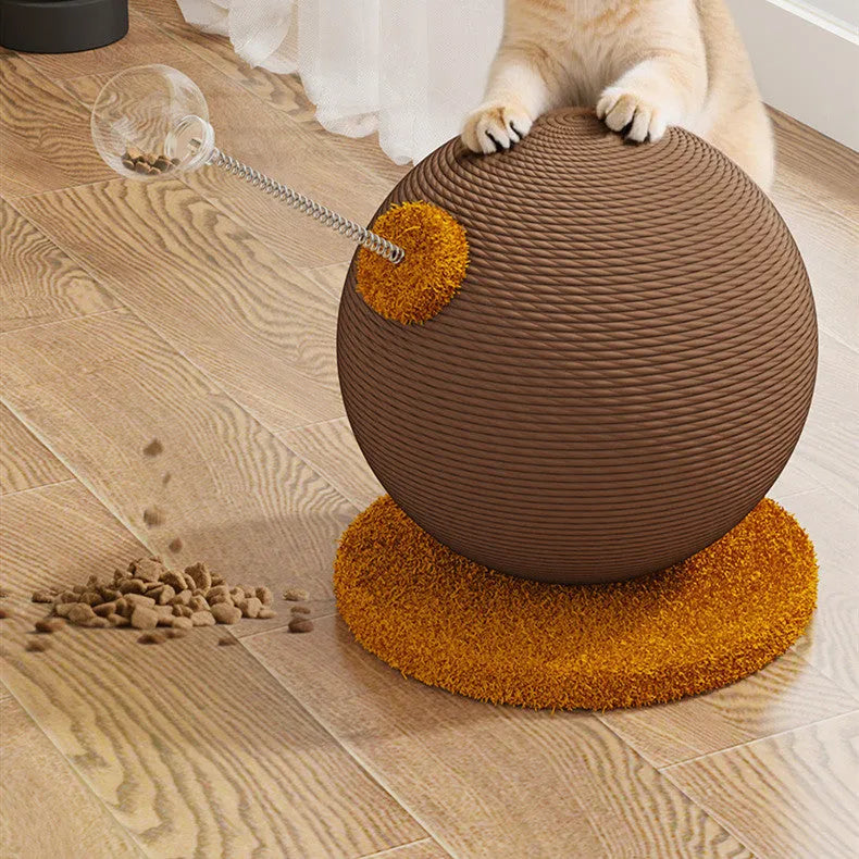 A hemp rope cat scratching board, shown with a choice of cat grasping ball or tumbler accessory.
