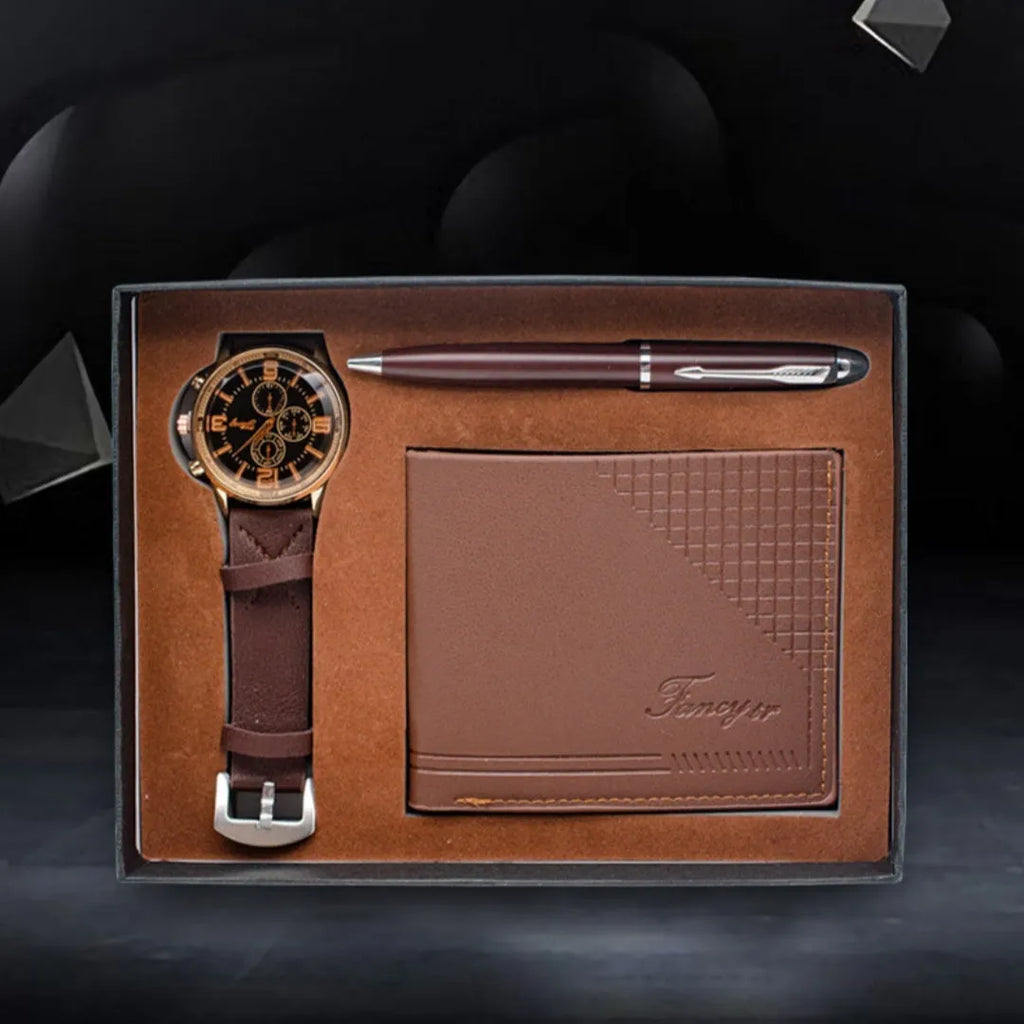Four-piece gift set containing watch, wallet, and pen in modern presentation box