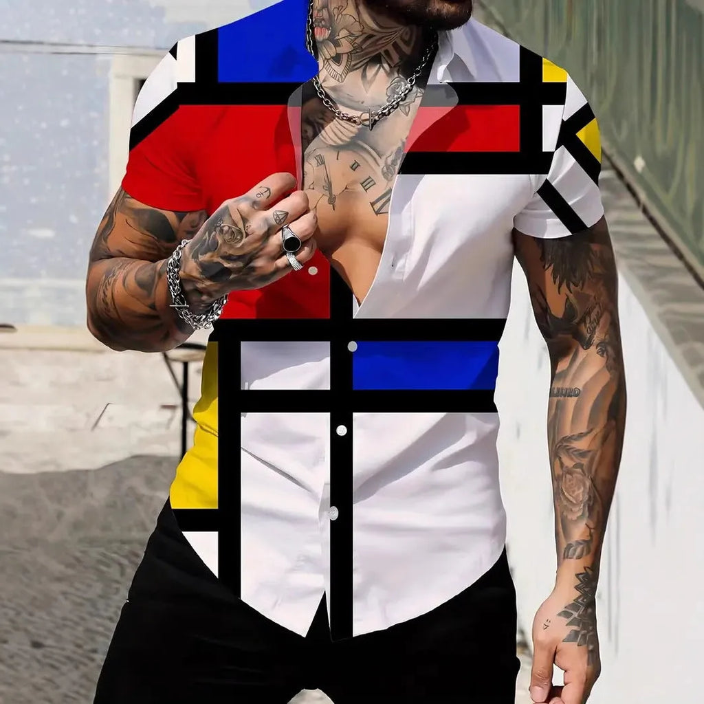 Men's slim fit geometric print short sleeve shirt with a lapel collar on a hanger.