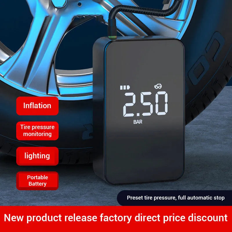 Compact wireless digital tyre inflator with LED display showing pressure reading