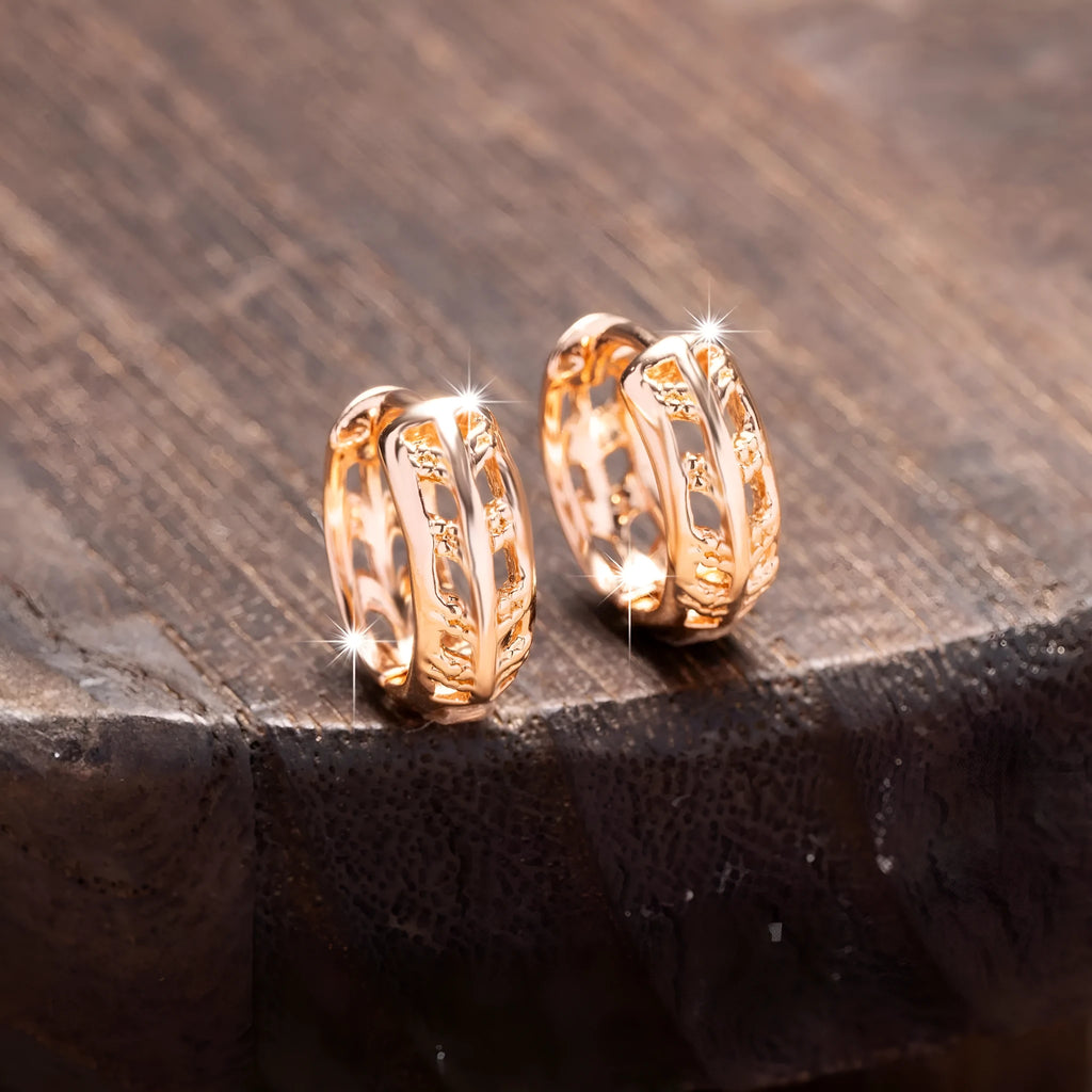 Rose gold plated copper earrings with hollowed leaf and heart designs