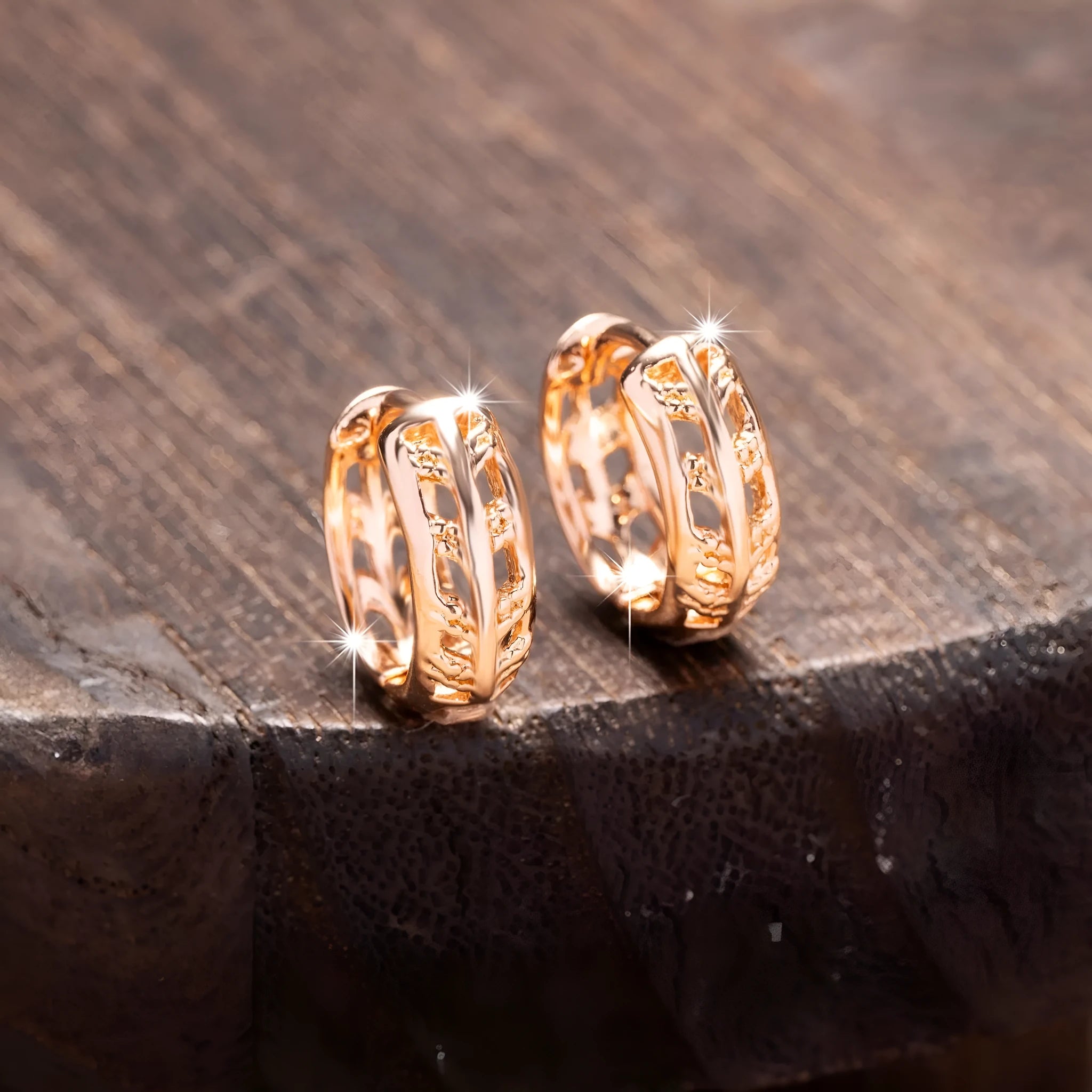 Rose gold plated copper earrings with hollowed leaf and heart designs