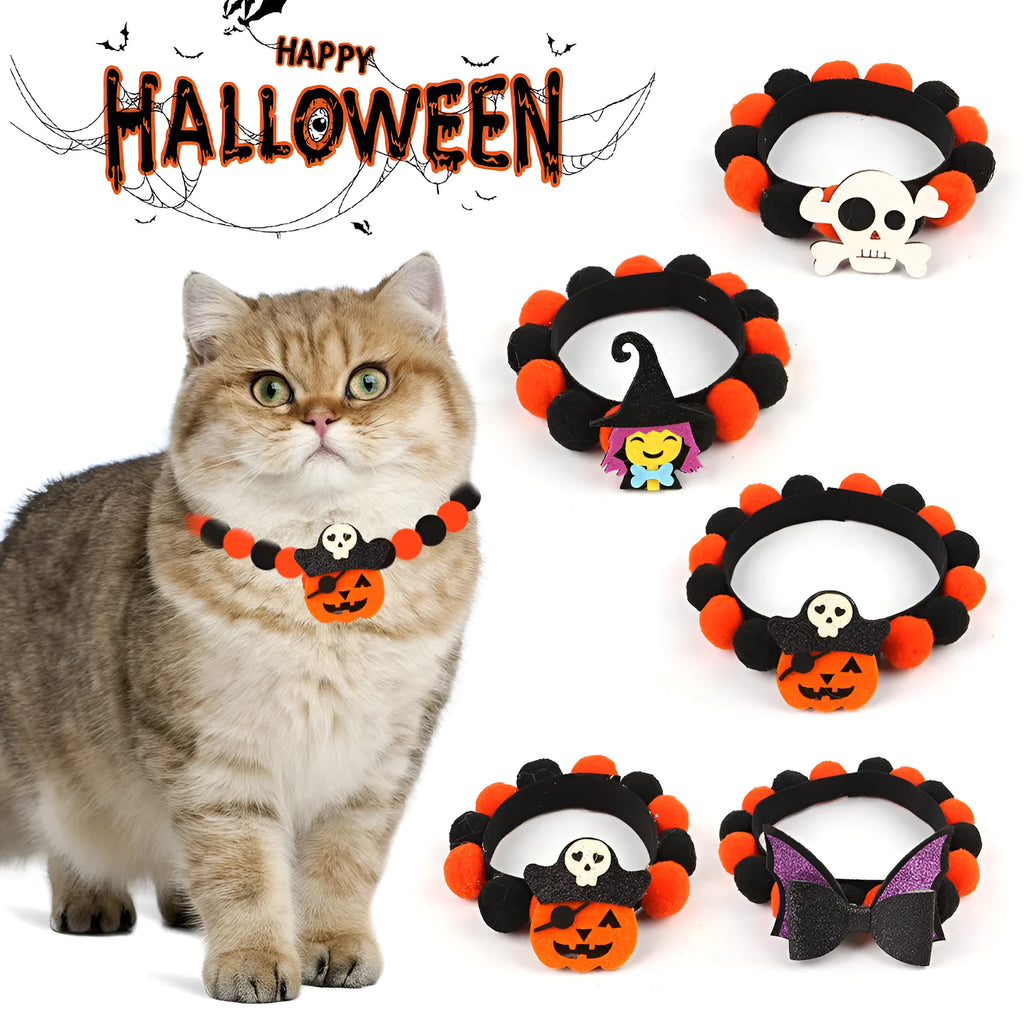 Halloween pet collar with fur ball decoration in six design variations for dogs and cats