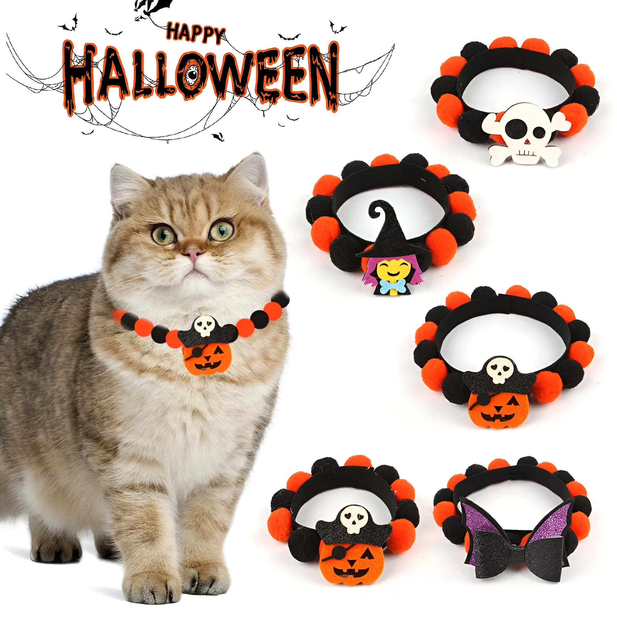 Halloween pet collar with fur ball decoration in six design variations for dogs and cats