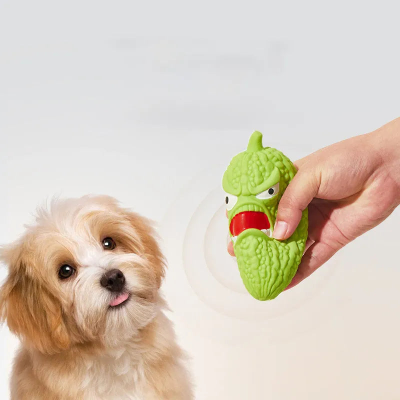 Bitter melon and chili shaped dog chewing toys with textured surfaces for dental cleaning