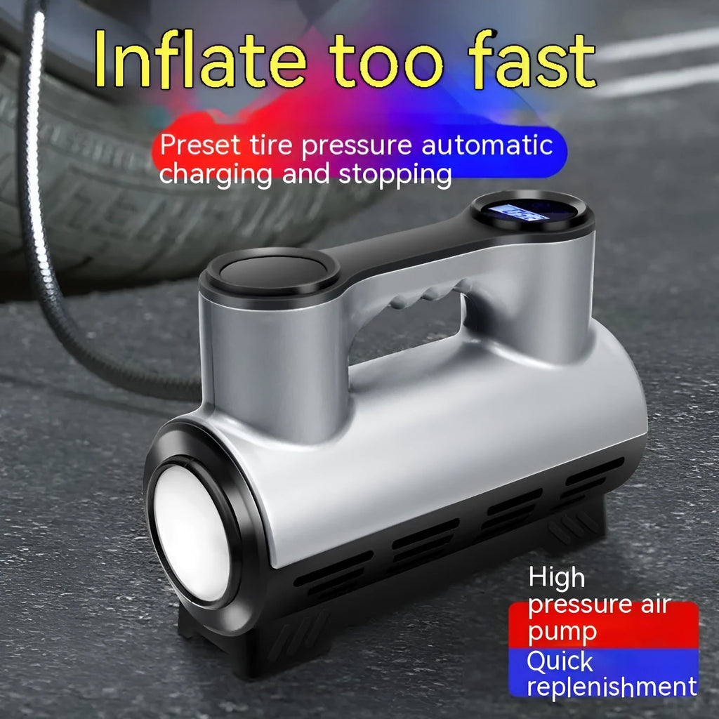 12V portable car air pump with digital display and three air nozzles on black ABS housing
