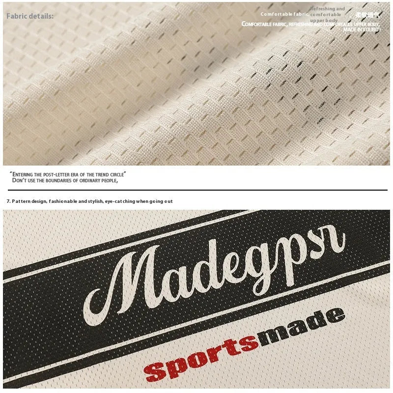 Men's apricot coloured loose fit V-neck sports t-shirt with a large letter pattern on the front.