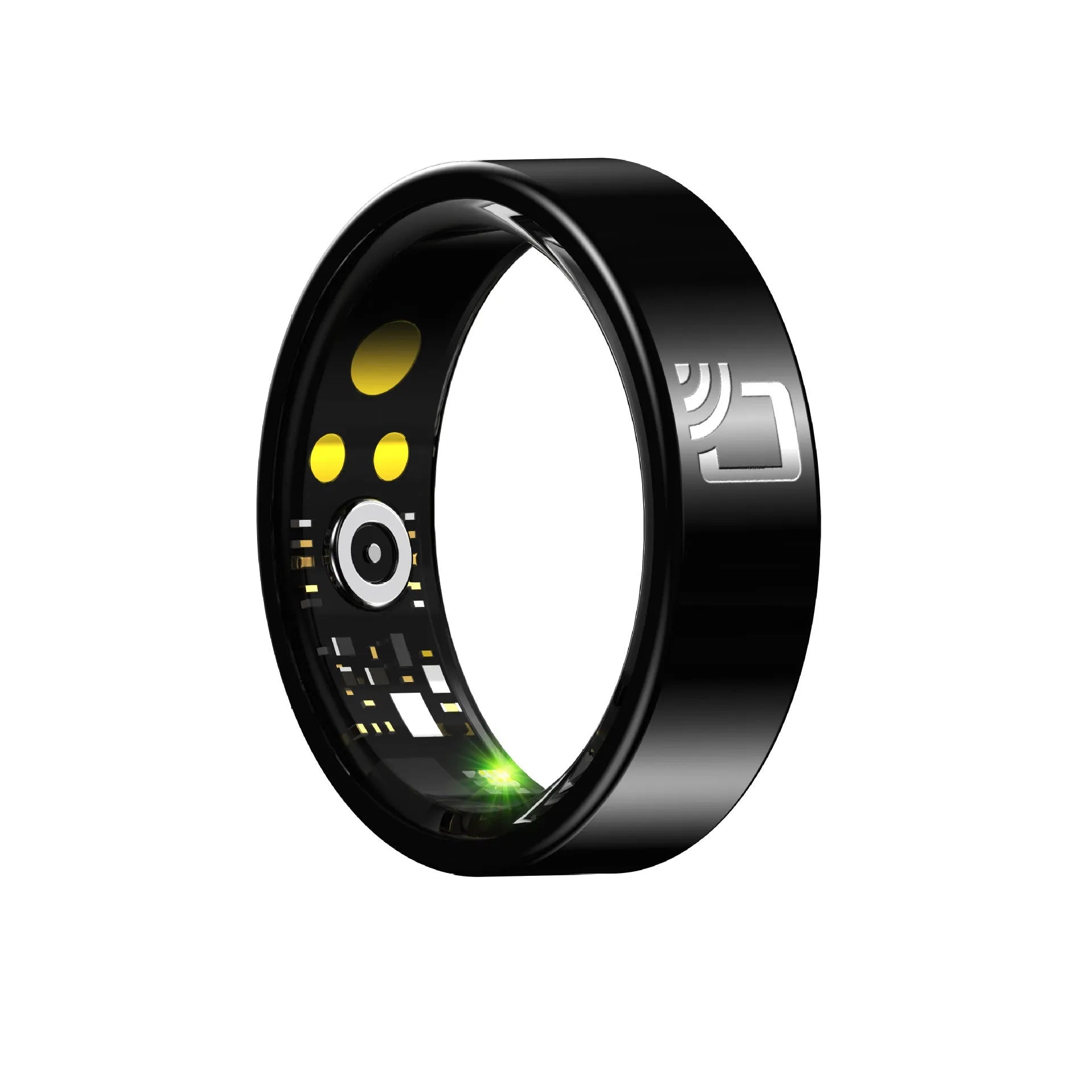 Black ceramic smart ring for health monitoring on a finger, showing charging case.