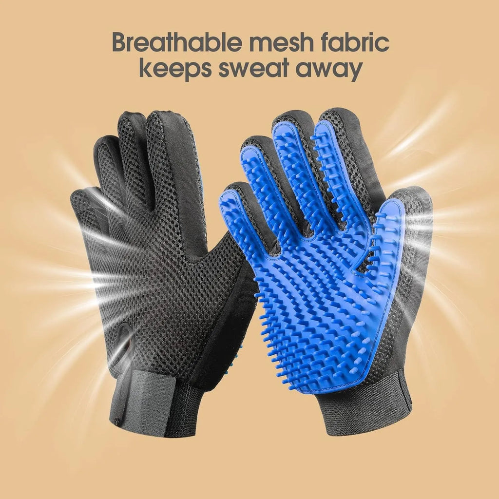 Blue silicone pet grooming gloves with silicone tips for removing hair from dogs and cats.