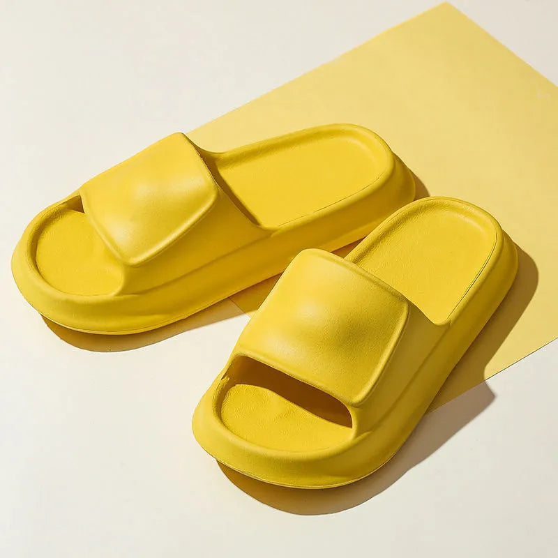 Thick-soled EVA flip-flop slippers in various colours on a white background.