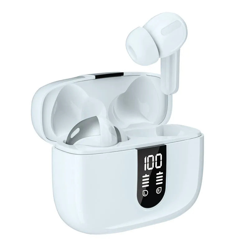 Jerry X08 wireless Bluetooth earbuds in charging case with digital display, in black colour.