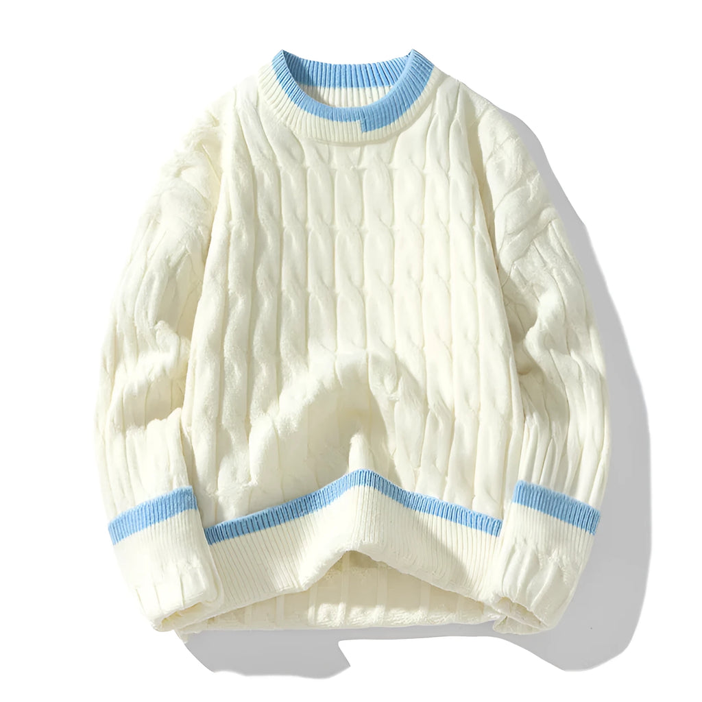 Men's loose grey and blue sports pullover sweater set on a hanger