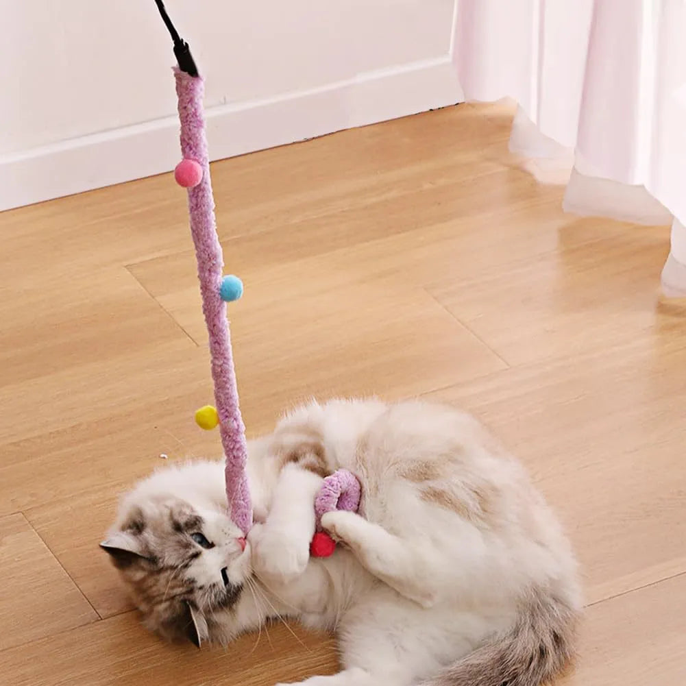Blue cat teaser wand with plush strip, colourful ball, and bell on 41cm pole