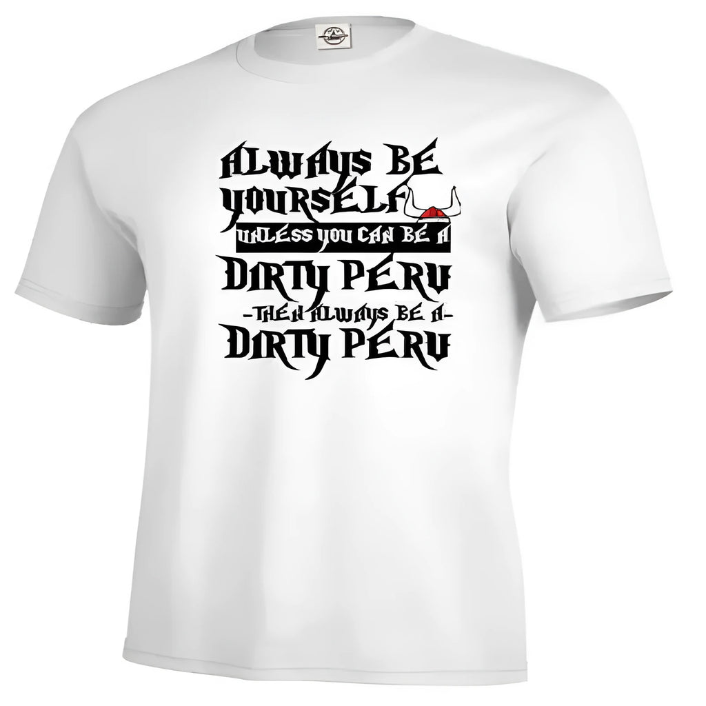 Men's white printed short sleeve T-shirt showing straight cut and casual styling
