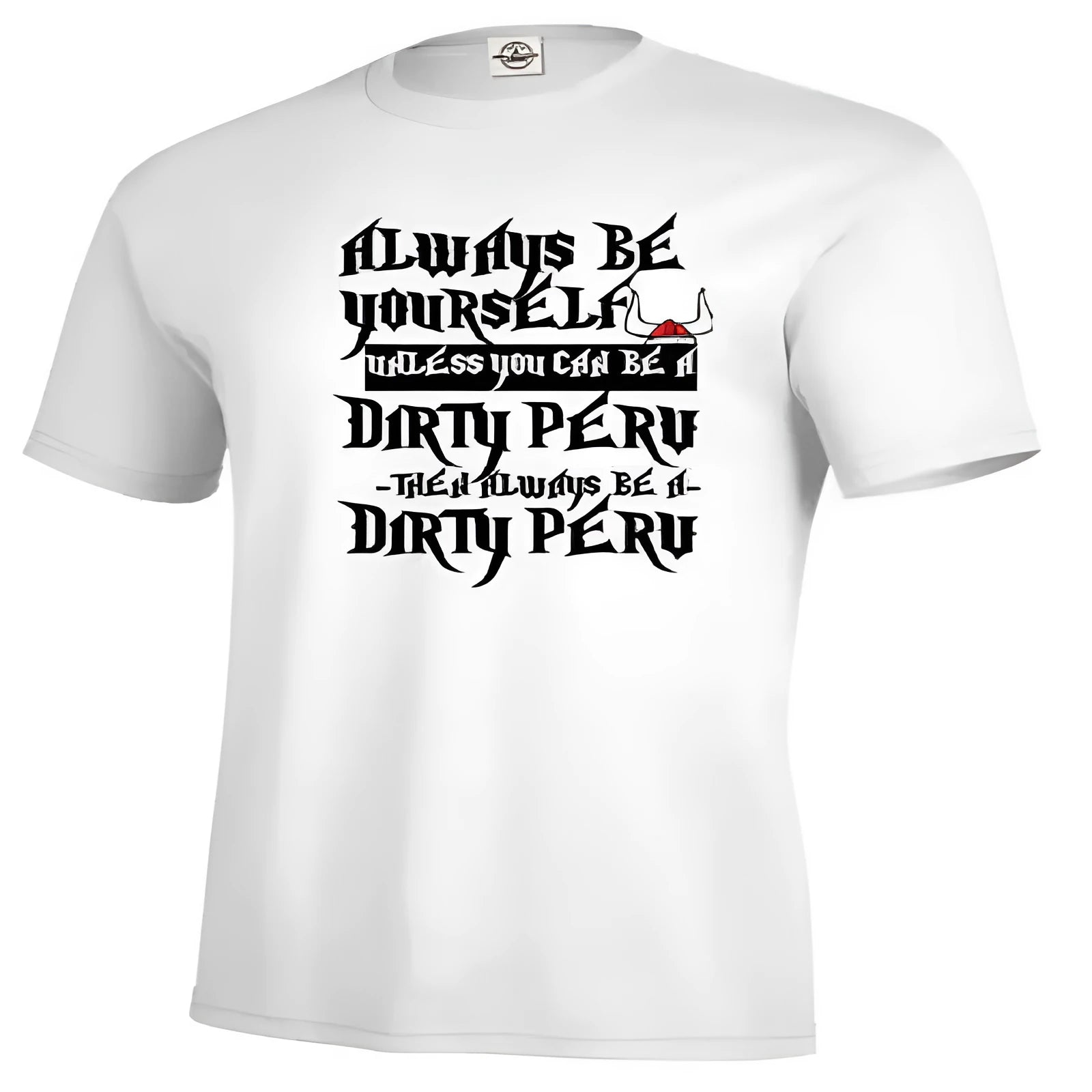 Men's white printed short sleeve T-shirt showing straight cut and casual styling