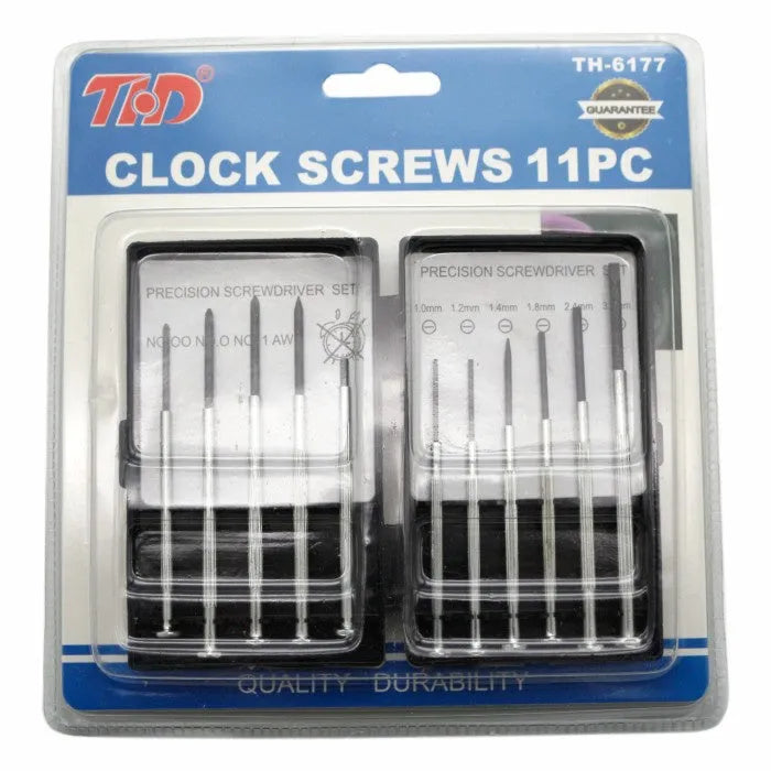 11-piece clock repair screwdriver set with cross and slotted heads for electronics maintenance