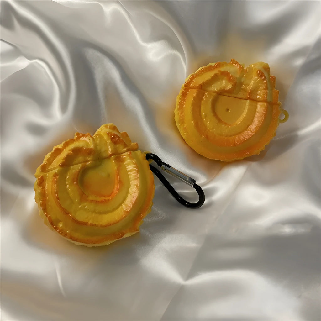 Yellow silicone AirPods case with butter cookie design, compatible with AirPods 1, 2, Pro, and 3.