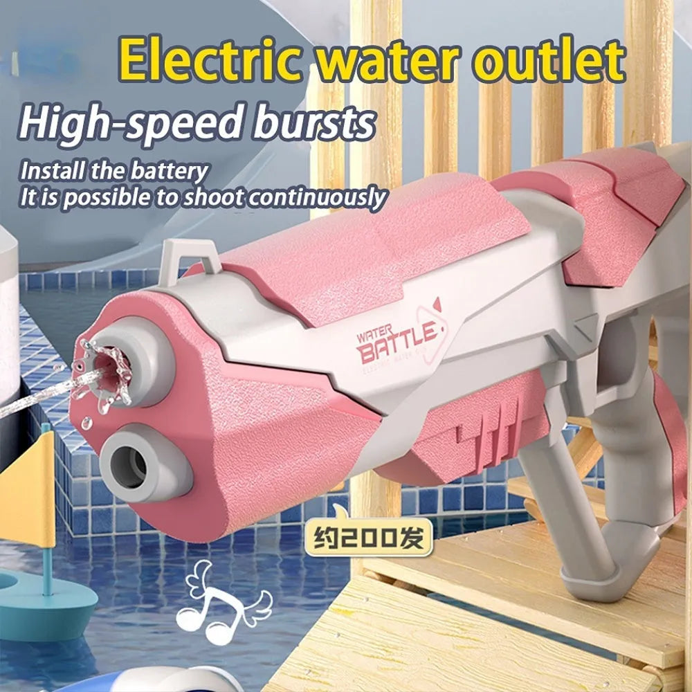 Blue electric Space Water Gun with USB charging cable, shown with water jet, for outdoor pool and beach play.