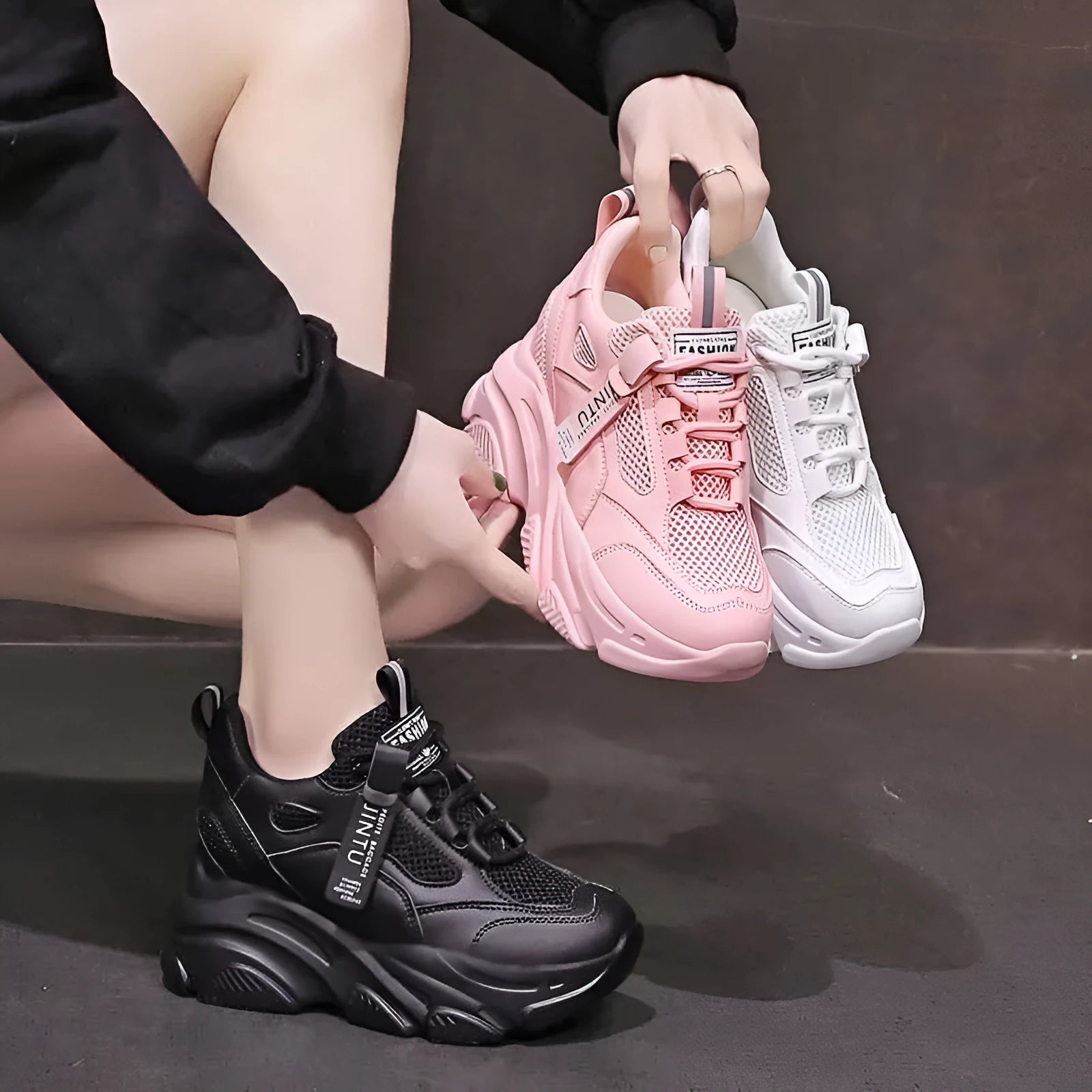 Women's black mesh platform casual shoe with a fleece lining and TPR sole.