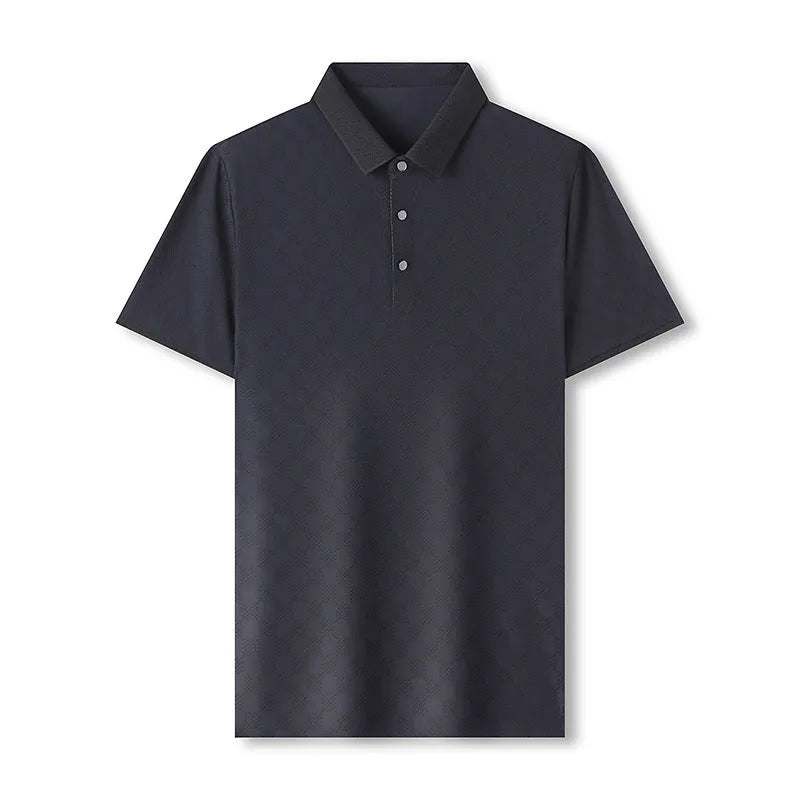 Rhombus thin ice silk short sleeve t-shirt in black showing slit detail on a hanger.