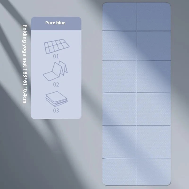 Folding purple TPE gymnastic mat, shown unfolded and folded into six sections
