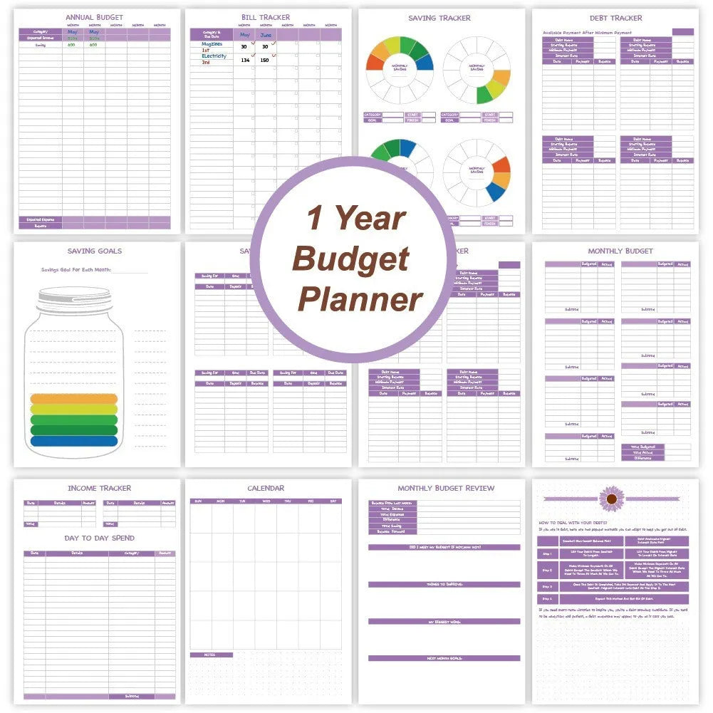 Purple coil-bound A5 financial planning notebook with pen, stickers, and paper clips for monthly budgeting