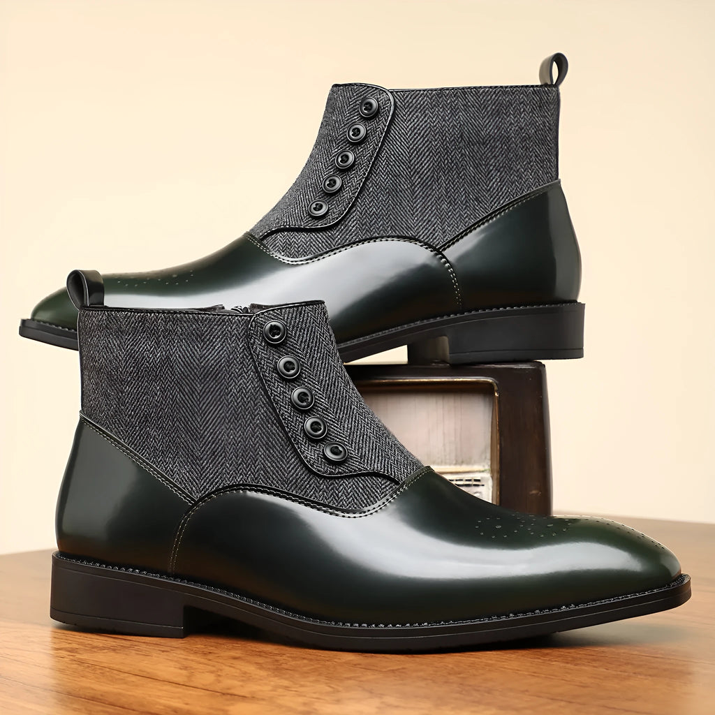 Men's brown and green retro formal shoes with side zipper and square toe.