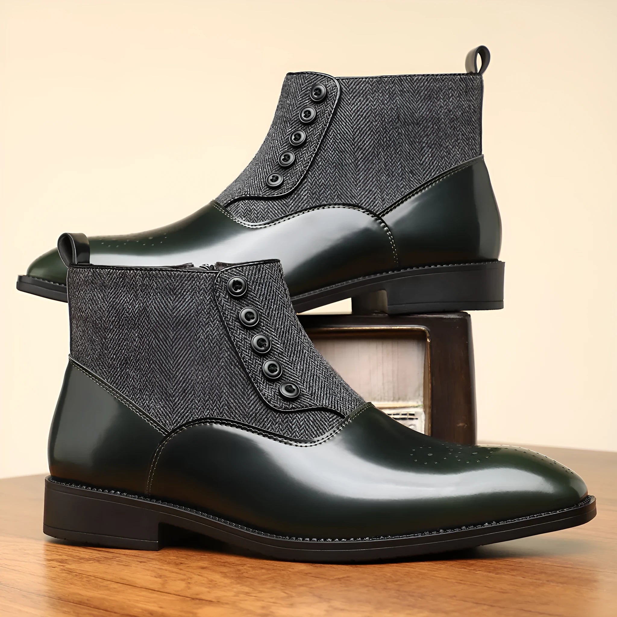 Men's brown and green retro formal shoes with side zipper and square toe.