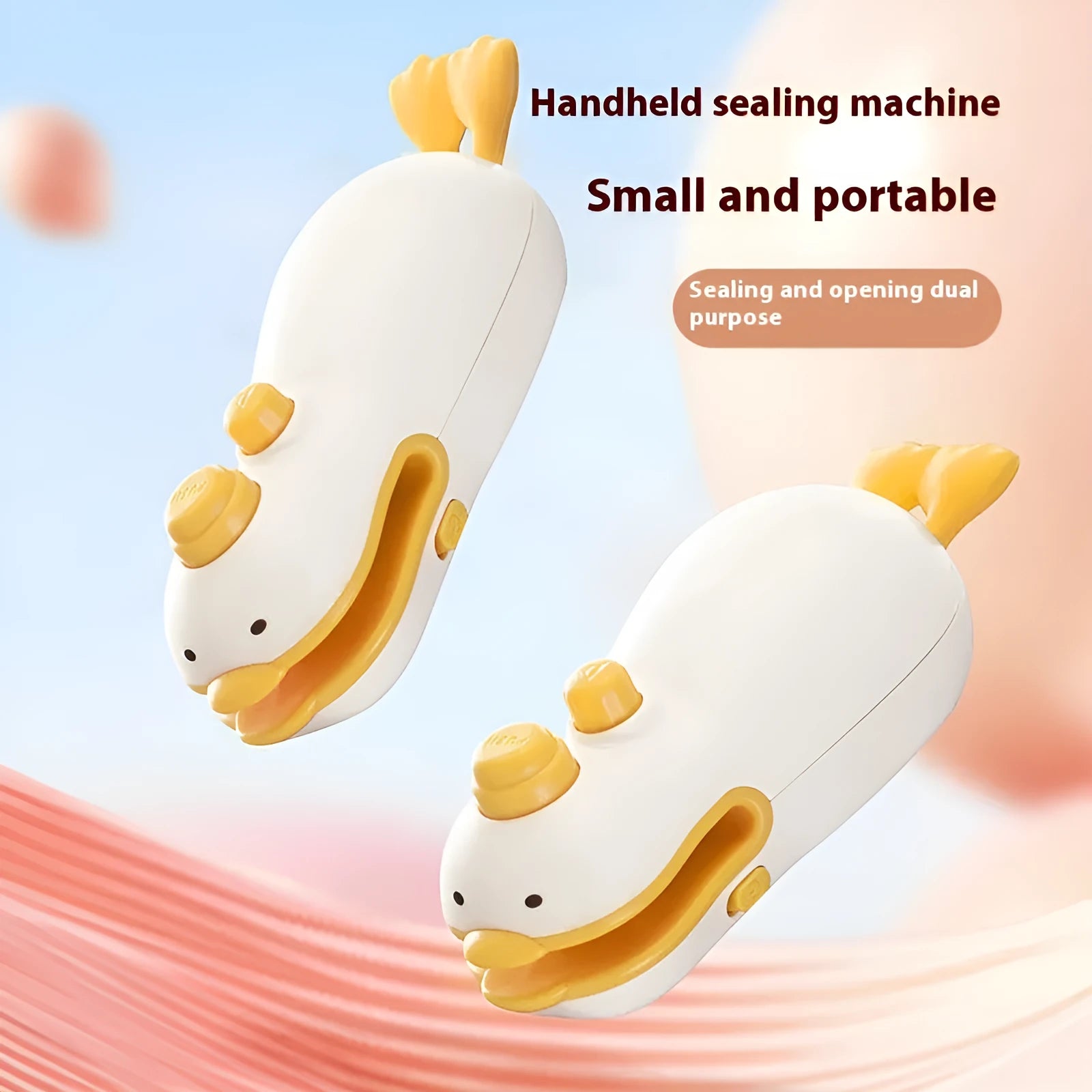 Yellow duck patterned rechargeable handheld vacuum food sealer with USB charging cable.