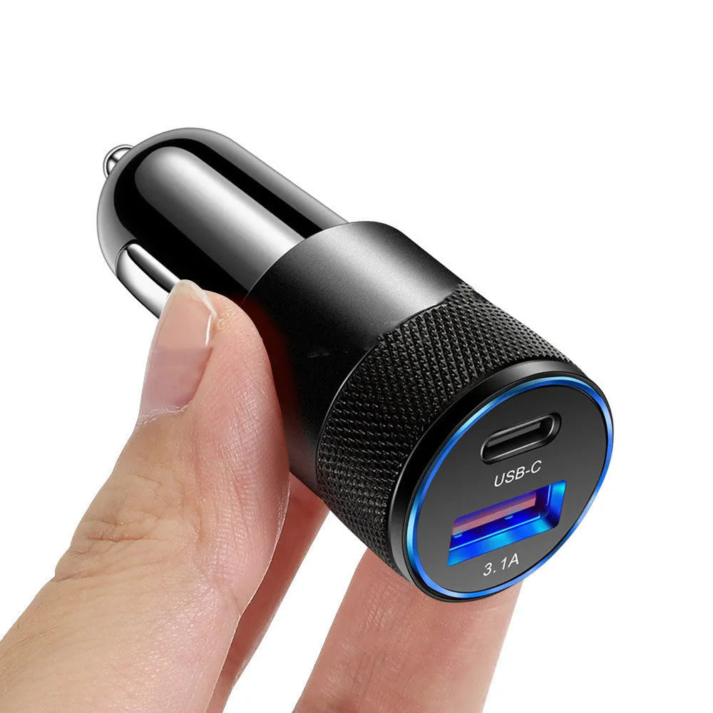 Aluminium alloy car charger with USB ports for vehicle mobile phone charging