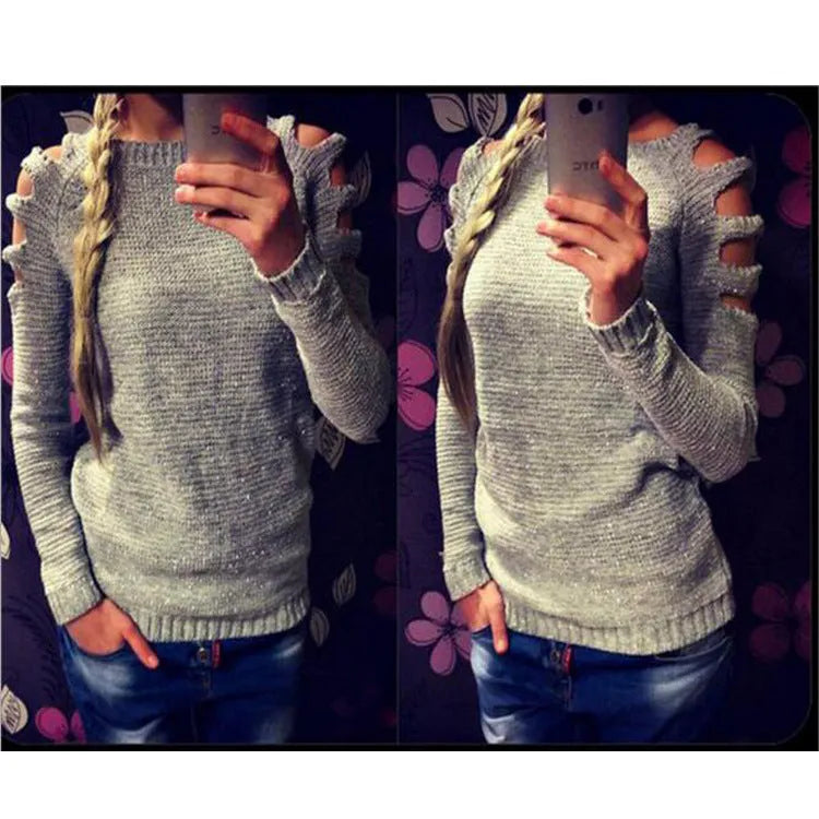 Women's white crocheted hollow-out knit shirt with round neck and long sleeves