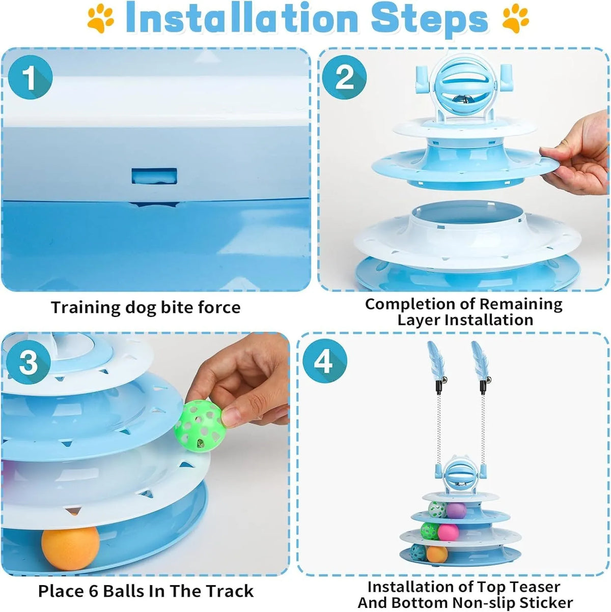 Blue 4-tier interactive cat puzzle toy with sliding balls and teasing rods on non-slip base