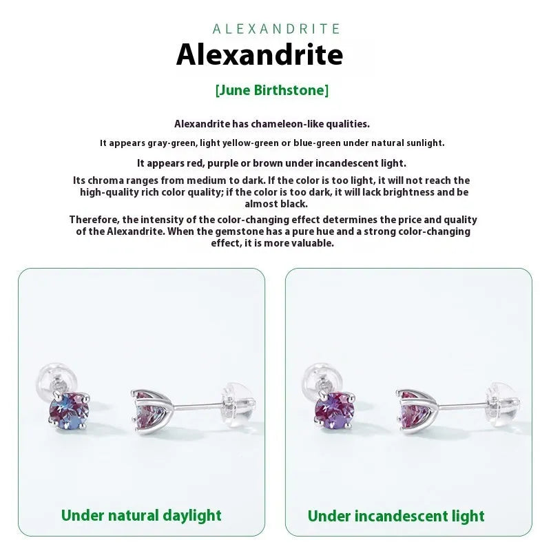Silver ear studs with round cultivated Alexandrite stone in geometric setting