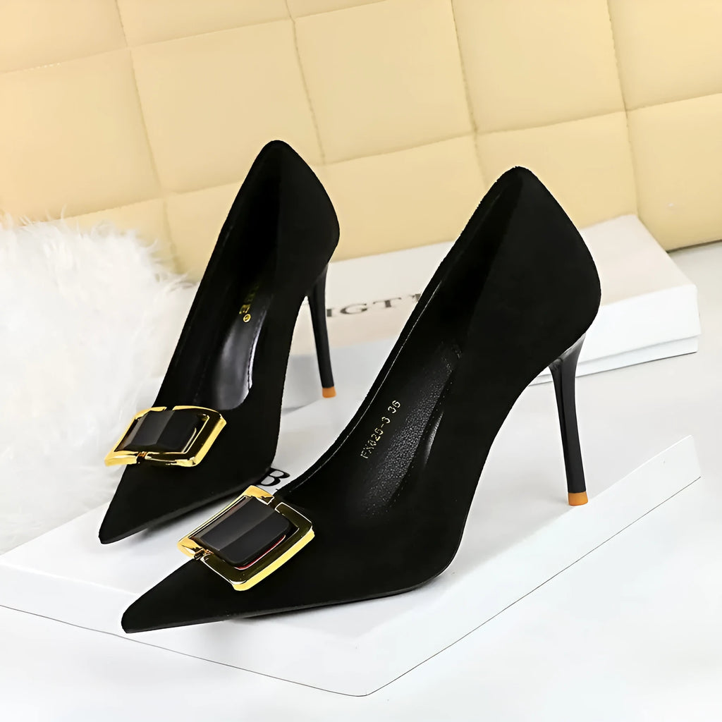 Black suede women's stiletto high heels with 9cm heel and pointed toe on a plain background.