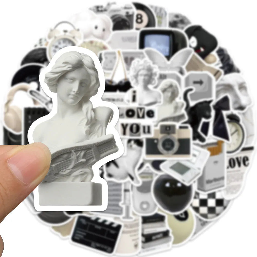 Black and white PVC waterproof sticker set with 61 painting designs for laptops and phones