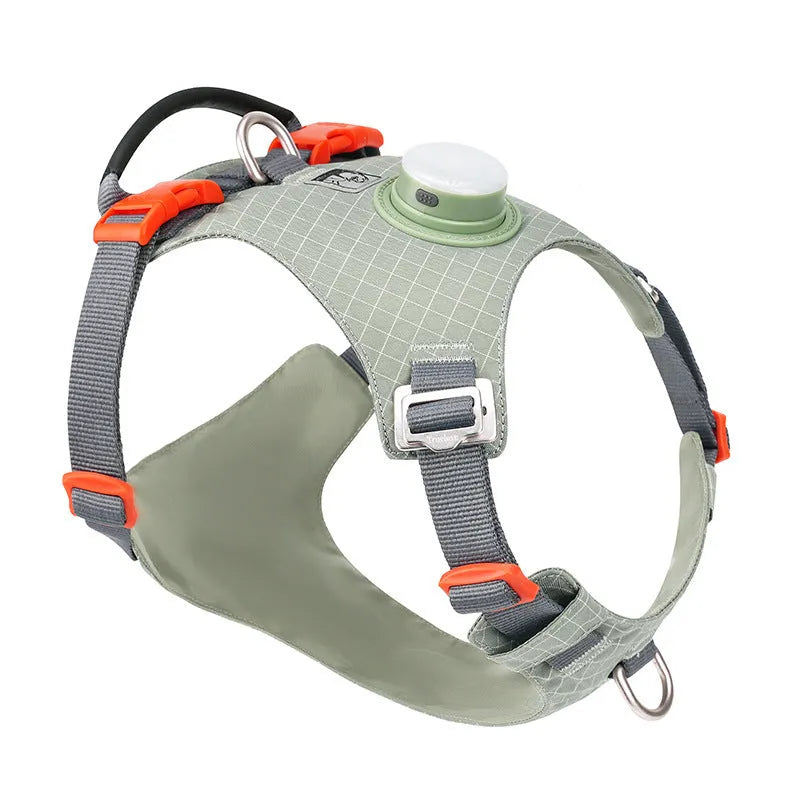 LED dog chest harness in light purple colour showing chest strap design and integrated light for nighttime visibility