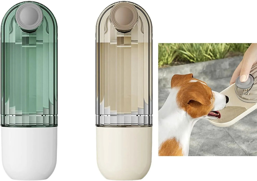 Beige foldable dog water bottle with drinking tray and base food container, shown open and closed