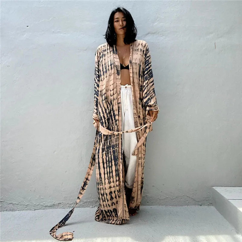 Women's long loose cotton beach cover-up shirt in printed DN0712 colour design.