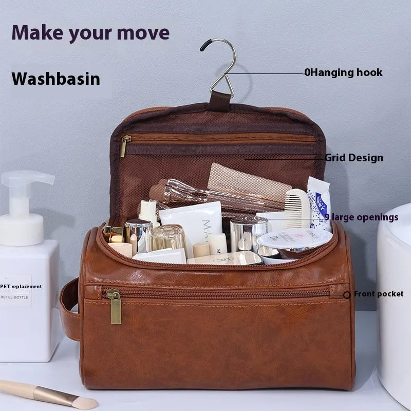 Waterproof PU leather cosmetic bag in retro style with large capacity for skincare and makeup storage