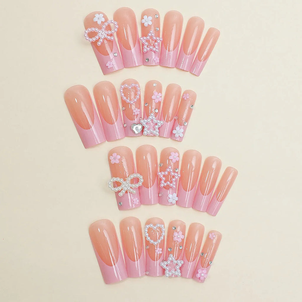 Pink decorative nail with French pattern and bow accent, 0.9cm water pipe design
