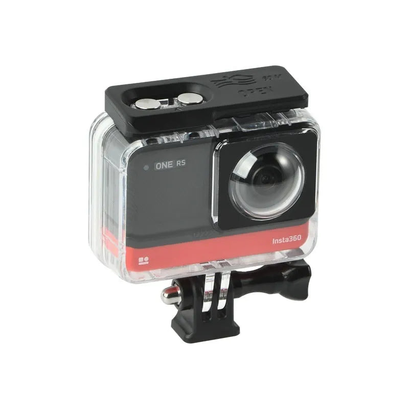 Transparent waterproof housing for Insta360 One RS panoramic camera showing dimensions