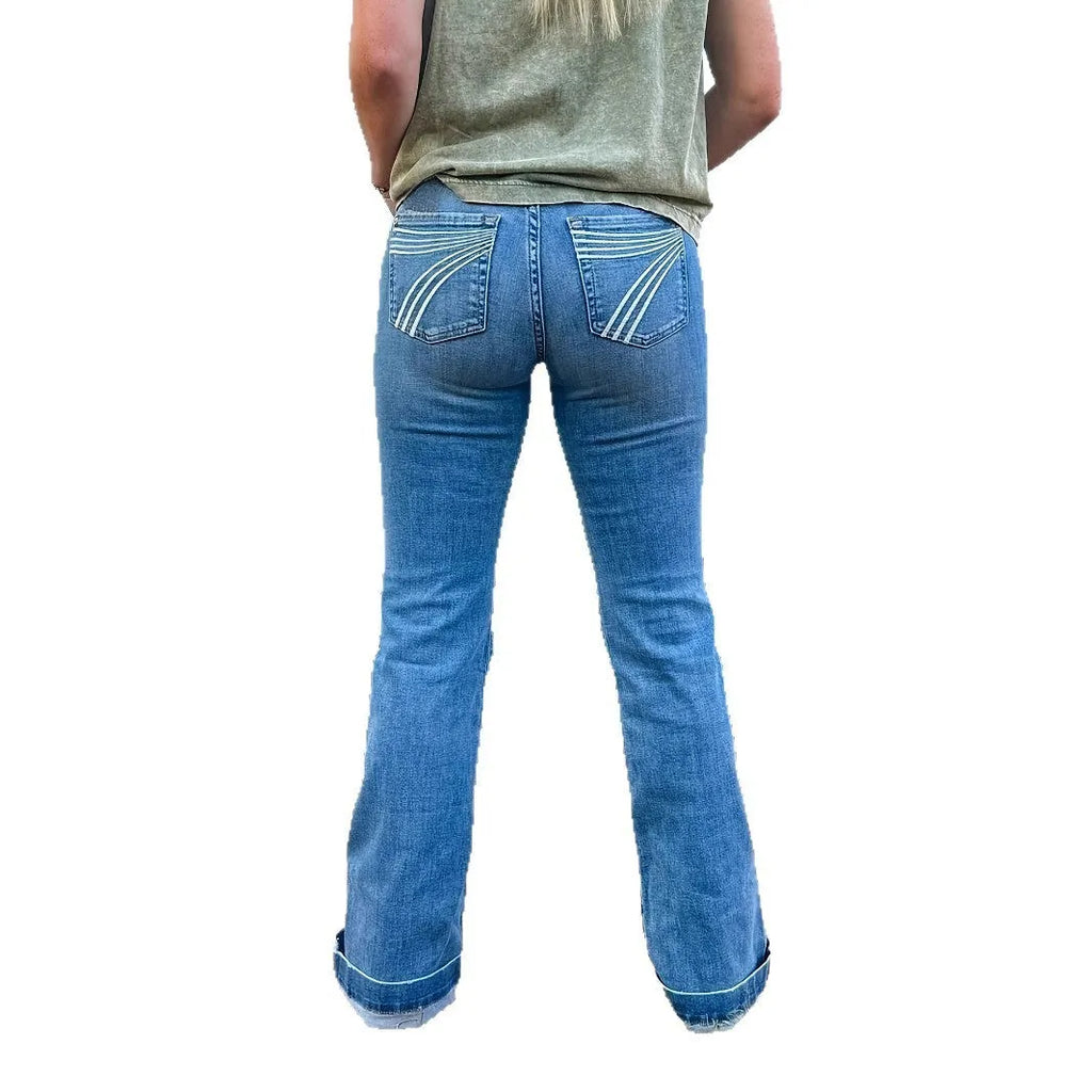 Slim fit blue embroidered jeans with elastic mid waist and slight flared leg