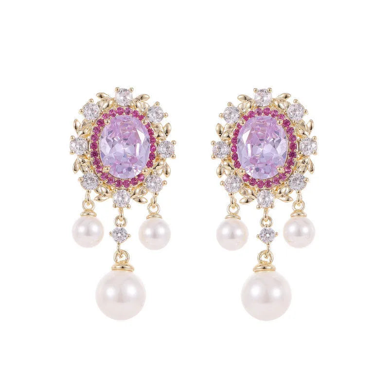 Oval geometric zircon inlaid pearl tassel earrings in copper with colour options