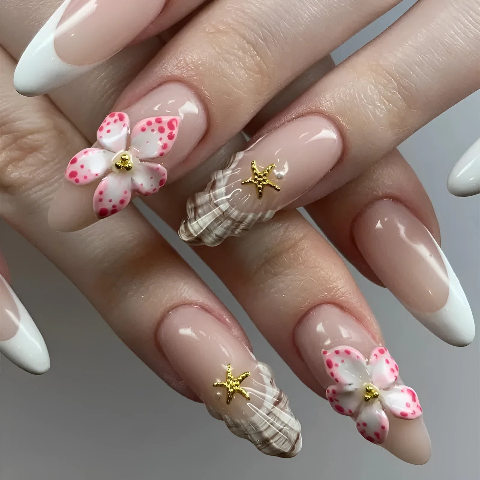French style false nails with rock pattern flower design W1764 simple flower artificial nails