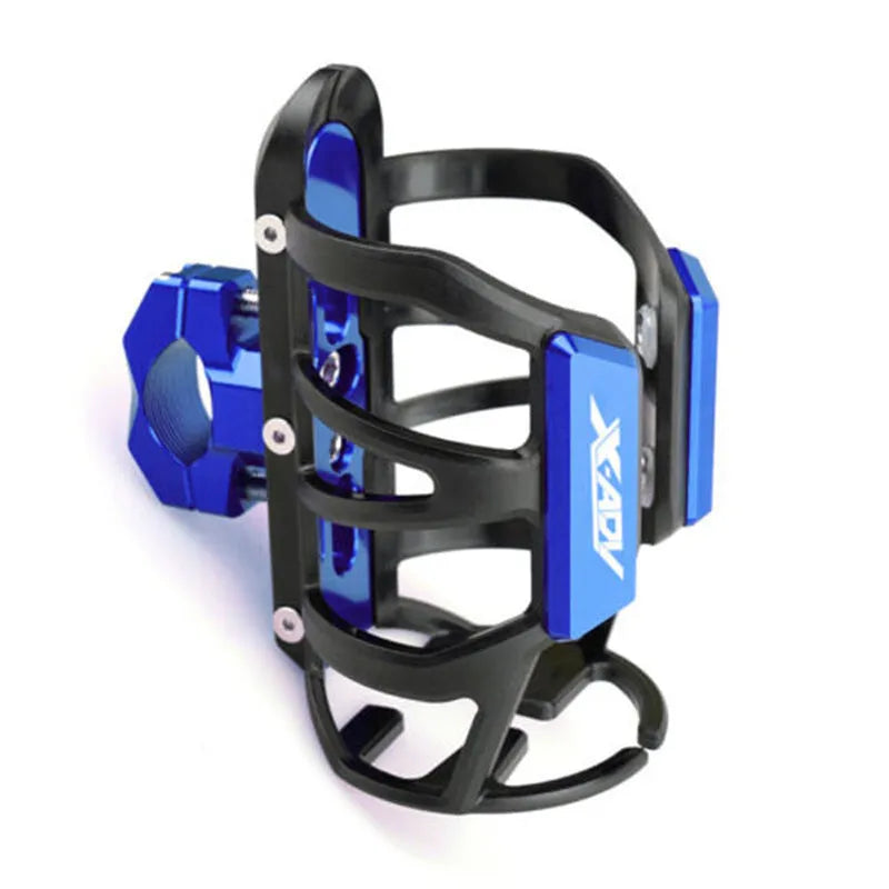 Black water bottle cage mounted on the bumper of a Honda X-ADV scooter