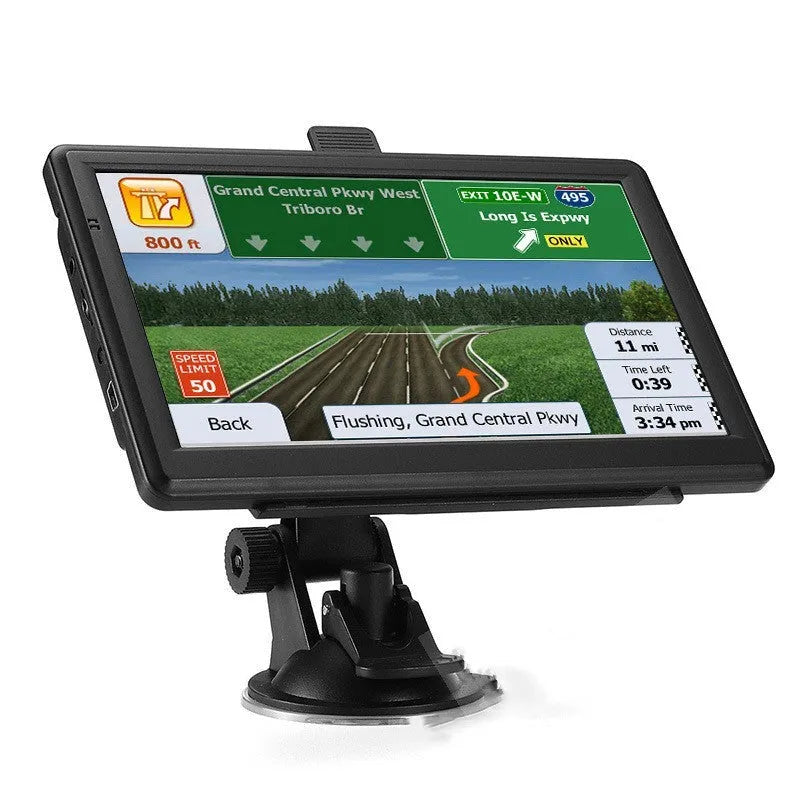 7 inch portable car GPS navigation device with HD touch screen on a dashboard bracket.
