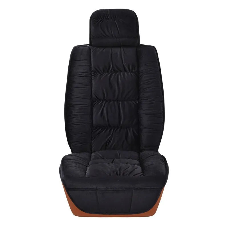 Short plush car seat cushion in grey on a car seat, showing wool cotton filling and polyester cover.